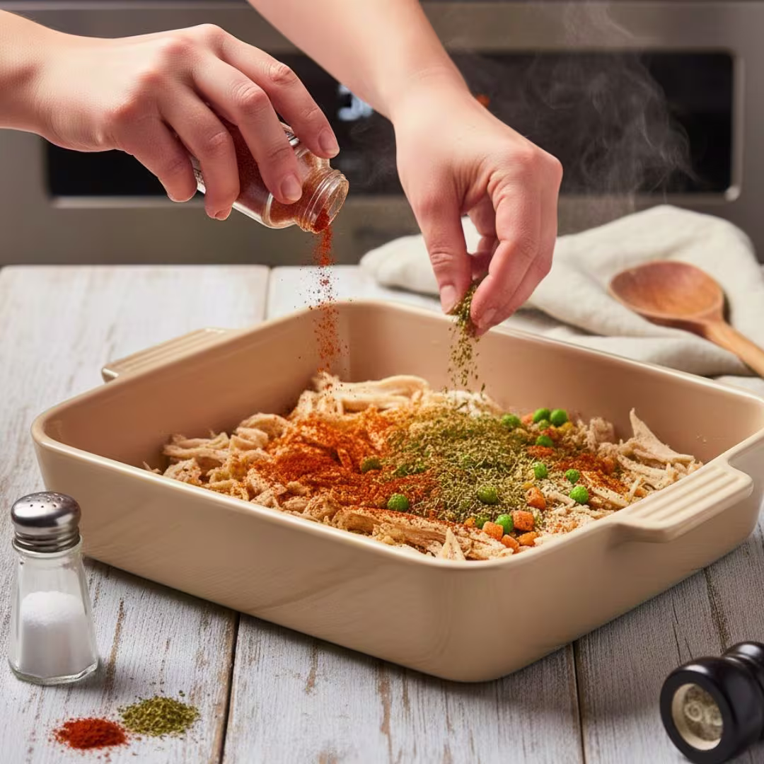 Seasoning shredded chicken and vegetables with herbs and spices for chicken cobbler