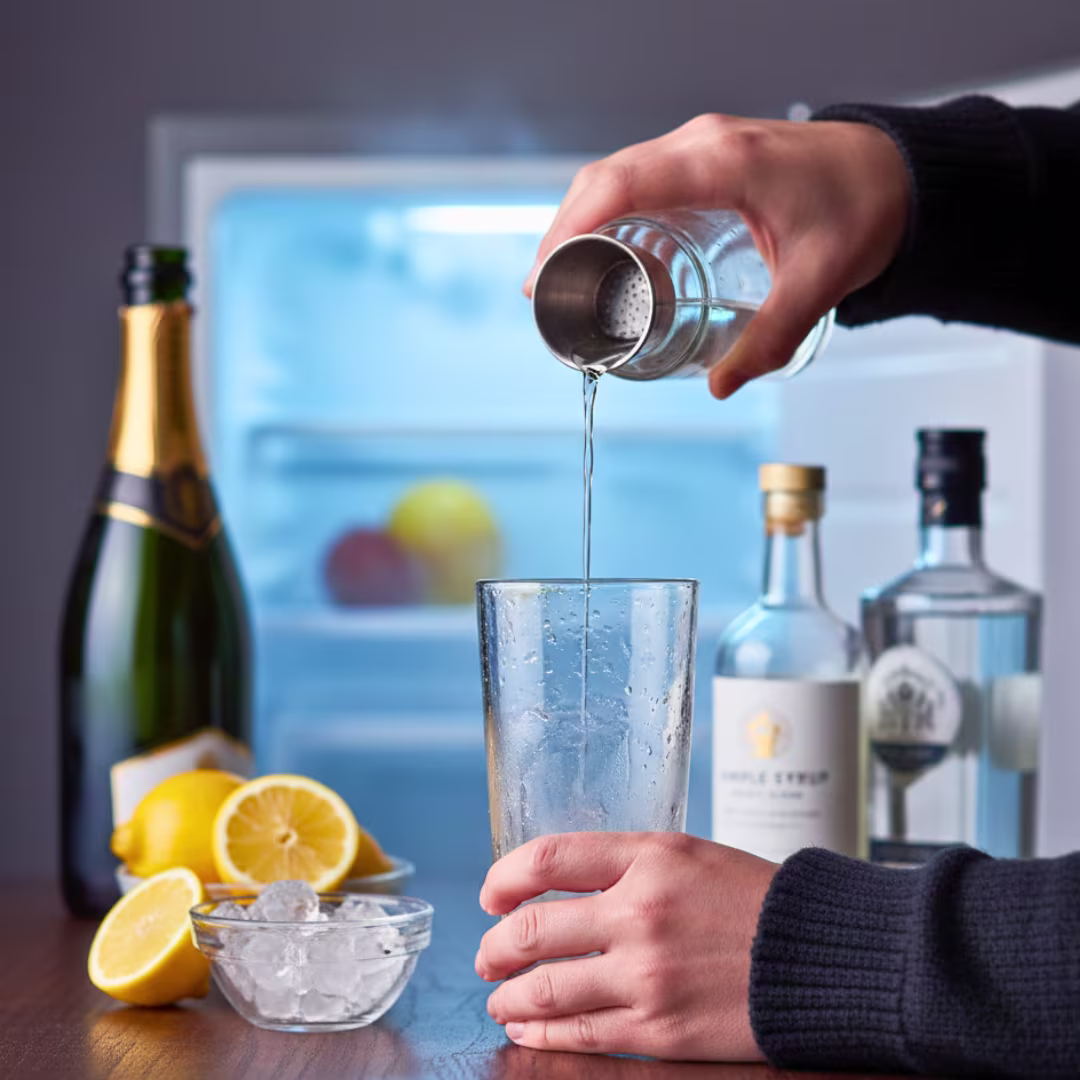 Shaking French 75 cocktail with ice