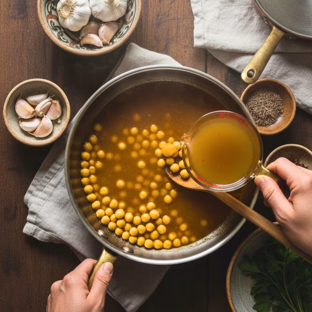 Chickpeas simmering in vegetable broth in a pan