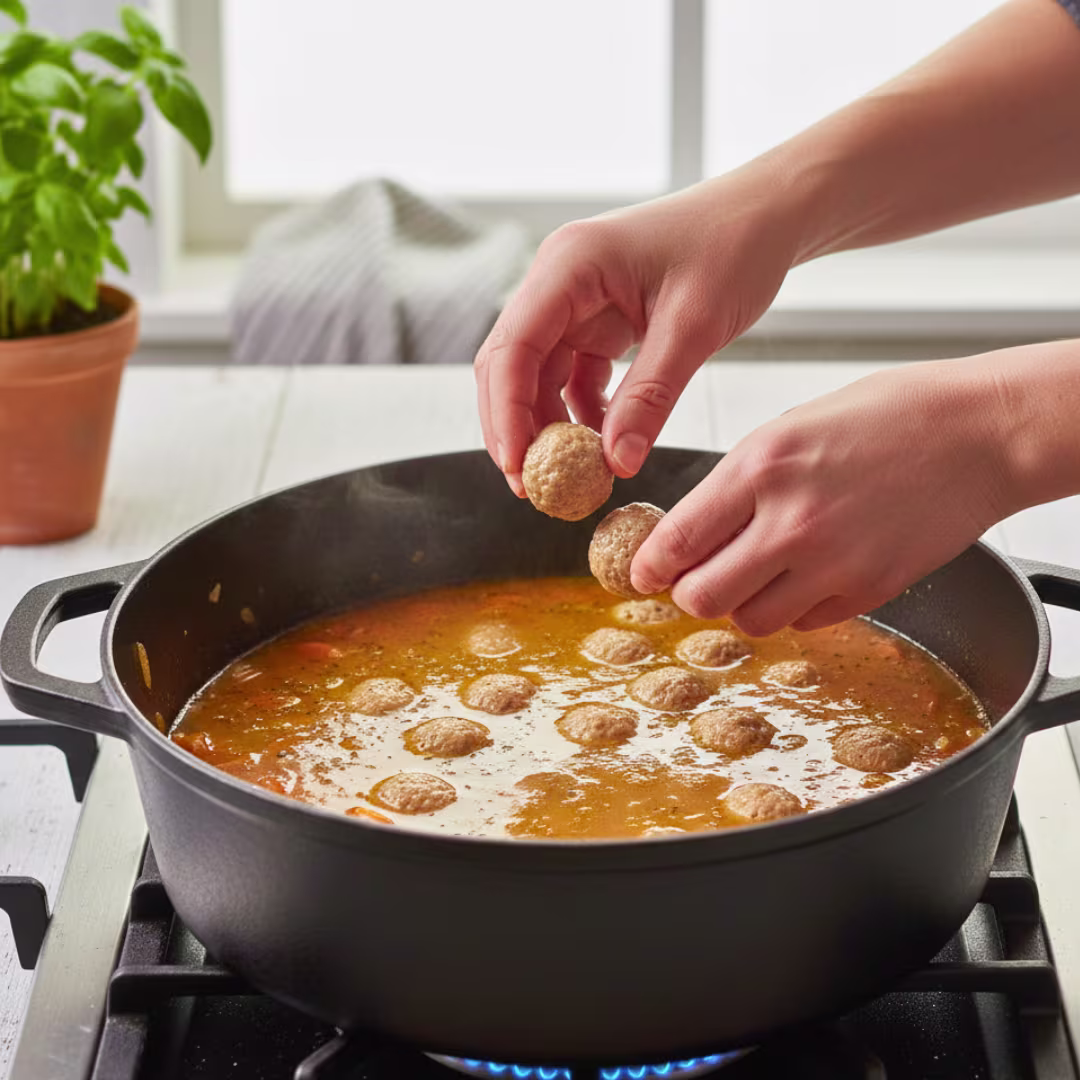 Simmering meatballs in chicken bone broth for Italian Wedding Soup