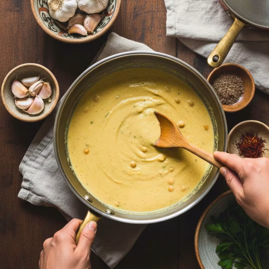 Creamy chickpea yogurt stew simmering gently in a pot