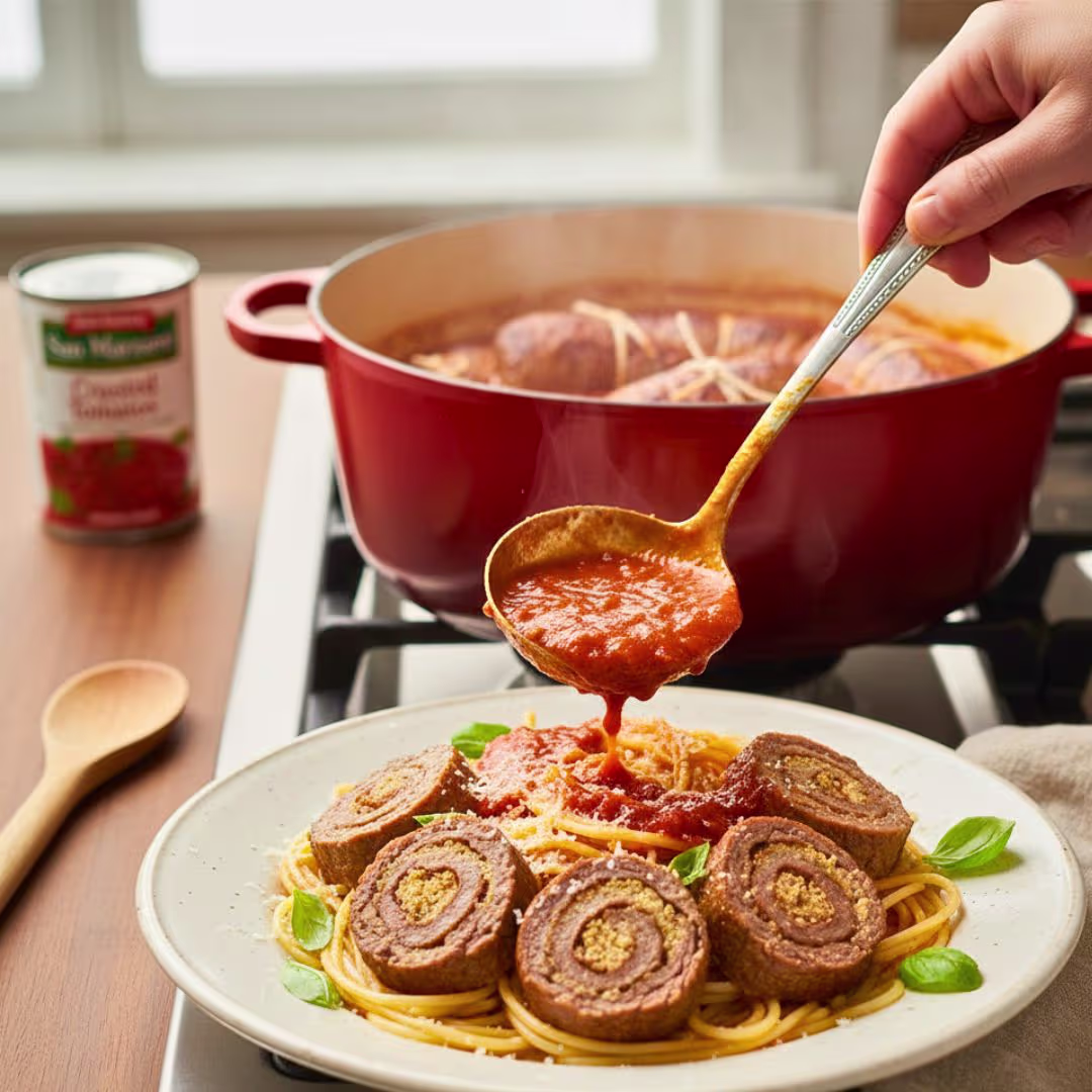 Sliced braciole served over pasta with tomato sauce and parmesan