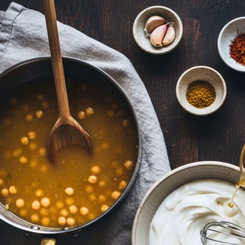 Tempering yogurt with a ladle of hot chickpea stew