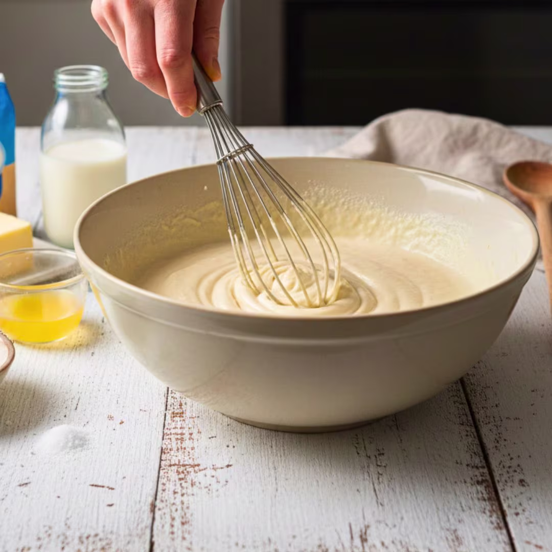Whisking biscuit cobbler batter in a bowl for chicken cobbler topping