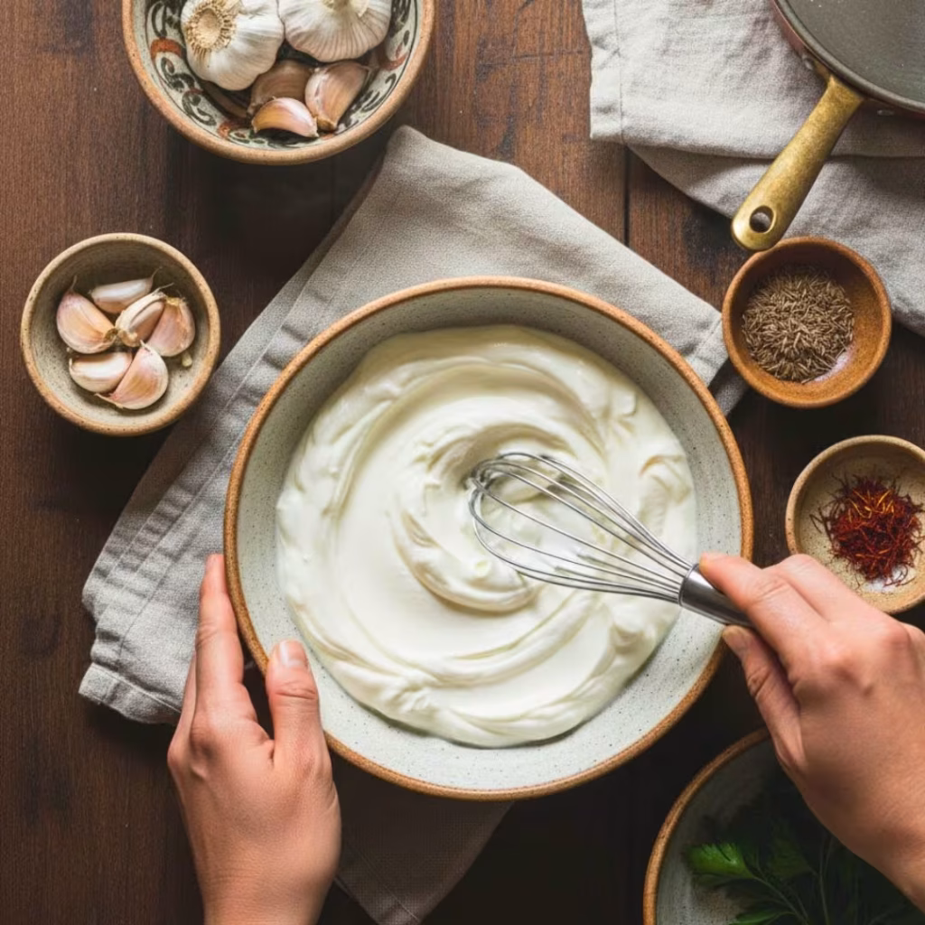 Whisking yogurt in a bowl before adding to stew