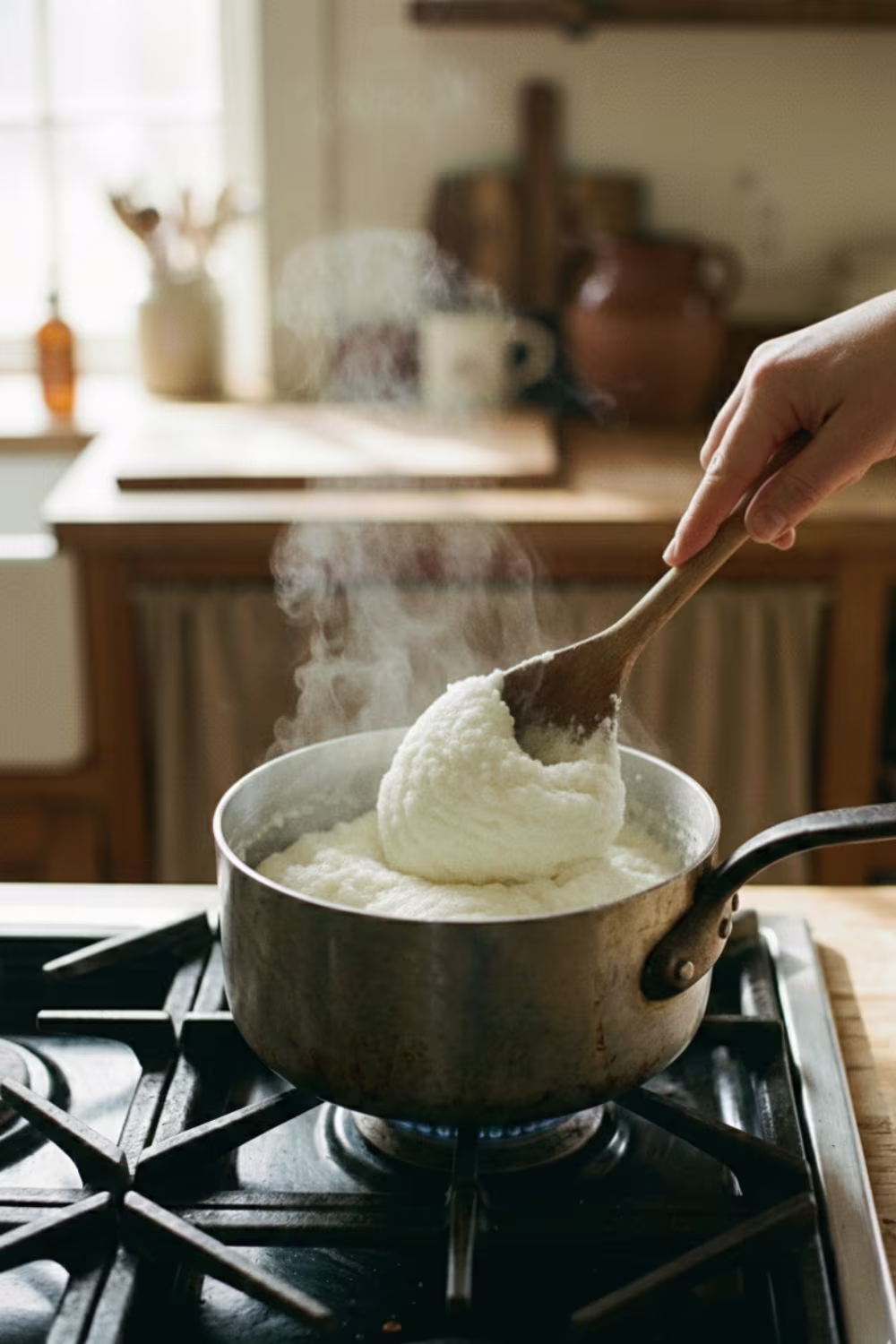 Folding ugali while cooking for smooth texture