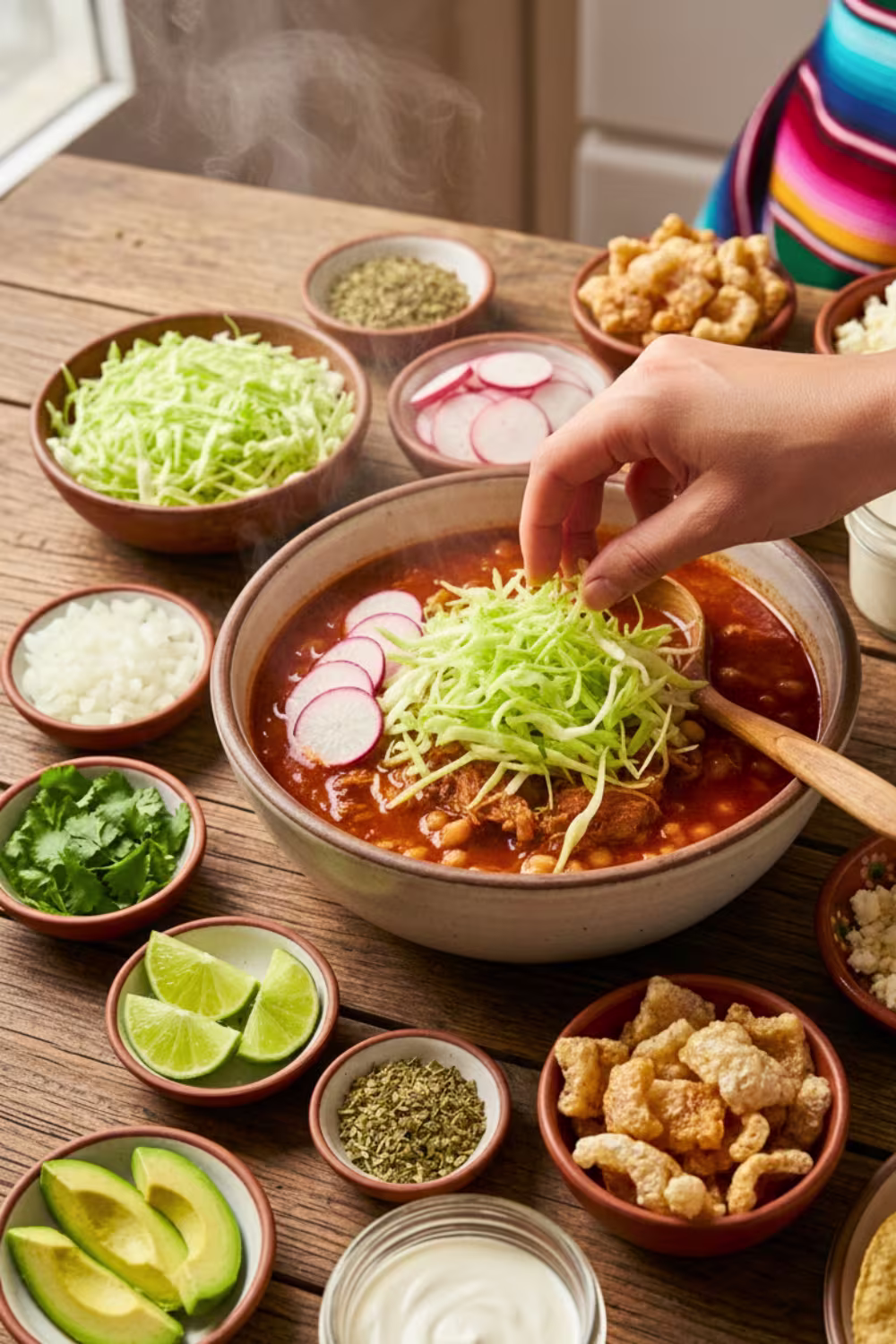 Serving pozole with traditional toppings