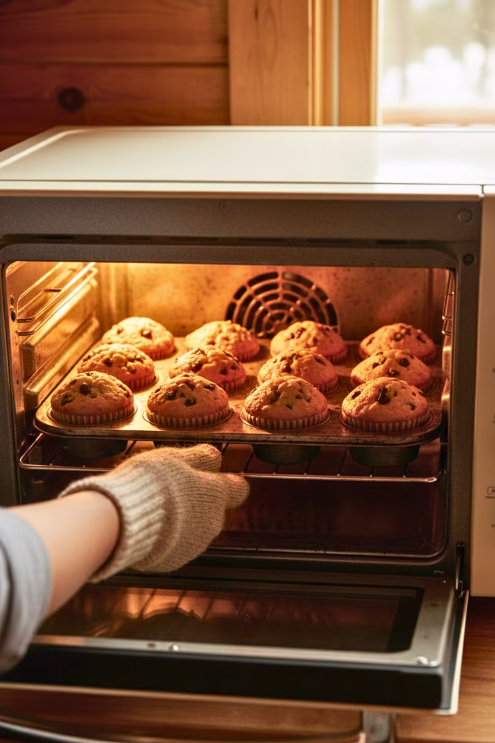 Baking French chocolate chip muffins in oven