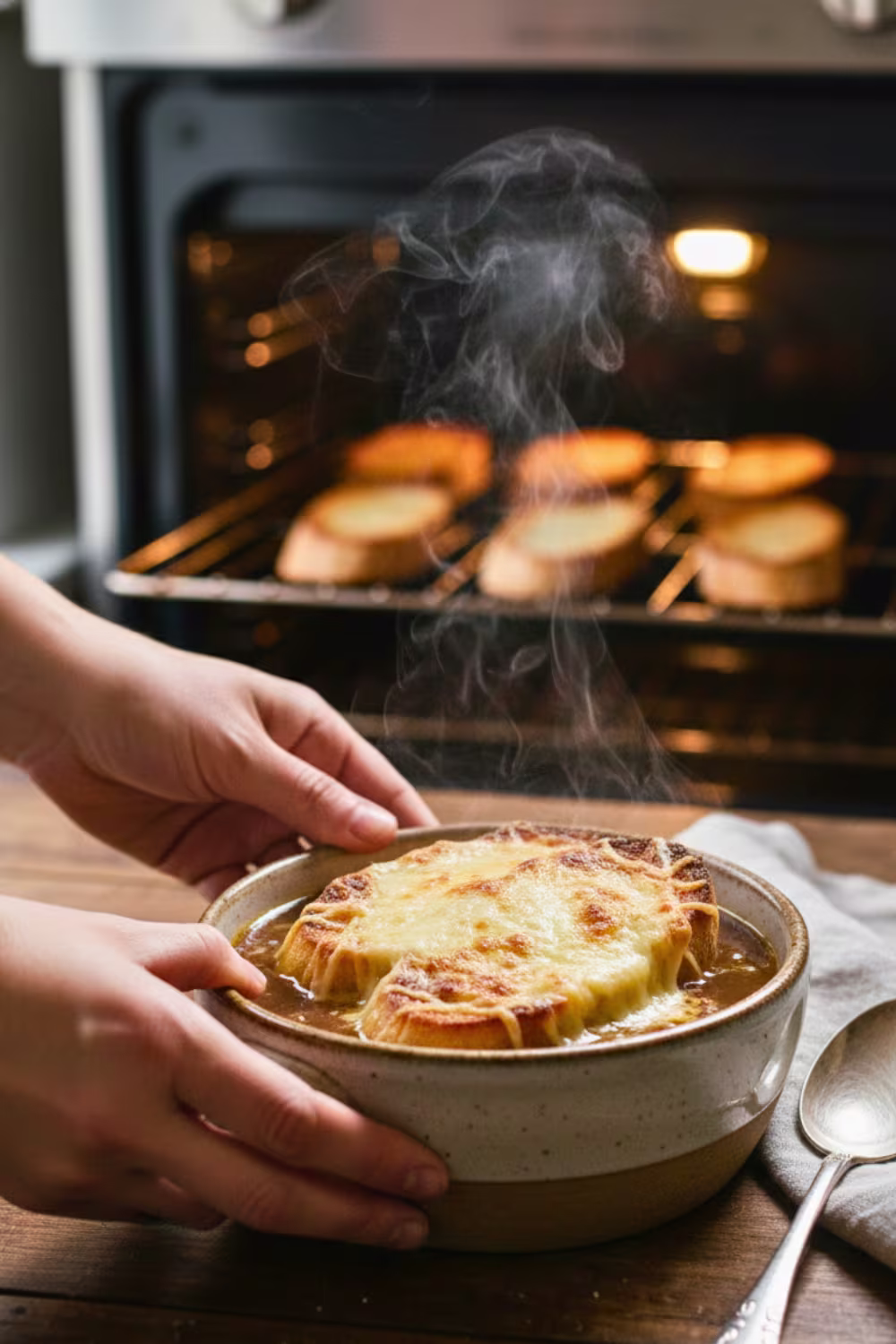 French onion soup topped with melted gruyere cheese