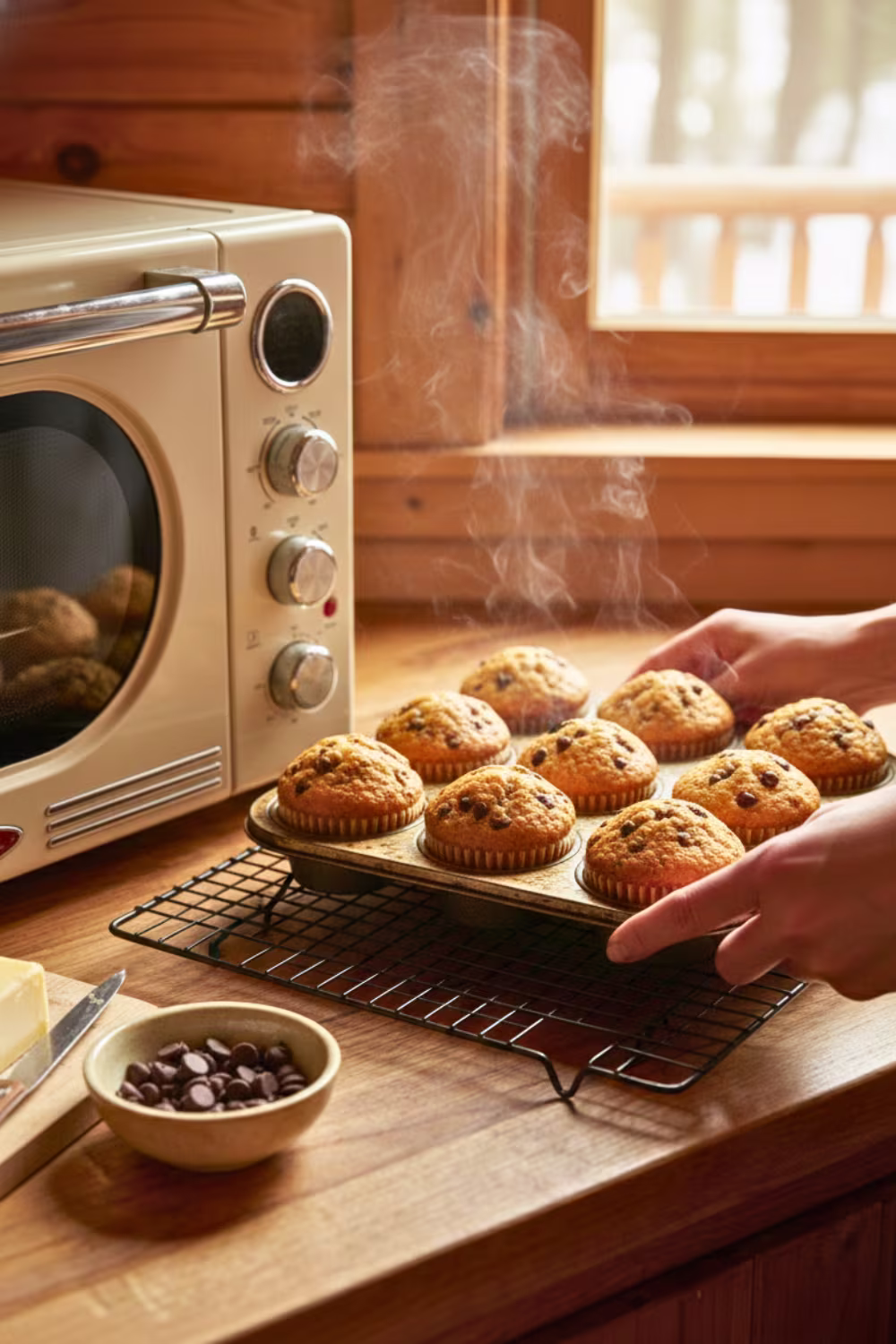 Cooling freshly baked chocolate chip muffins