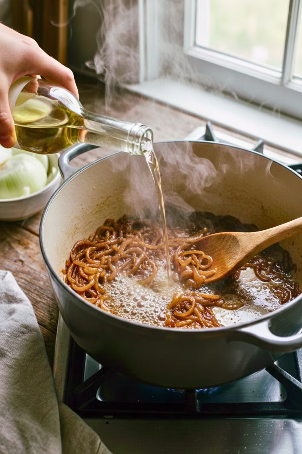 Deglazing onions with white wine