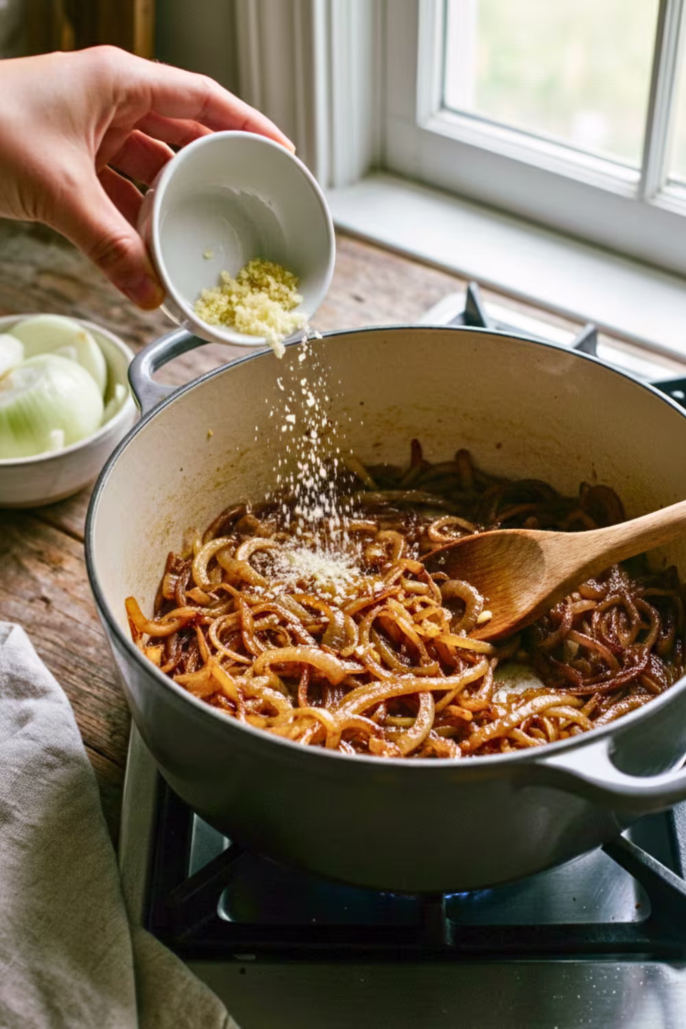 Garlic added to caramelized onions