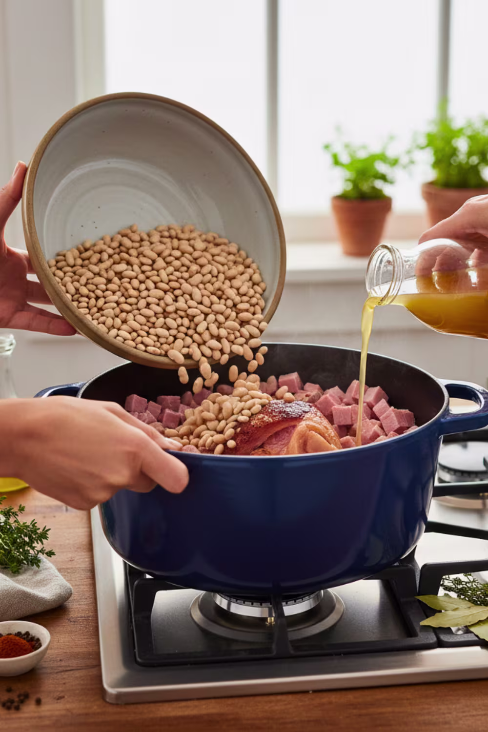 Adding ham beans and broth to soup pot