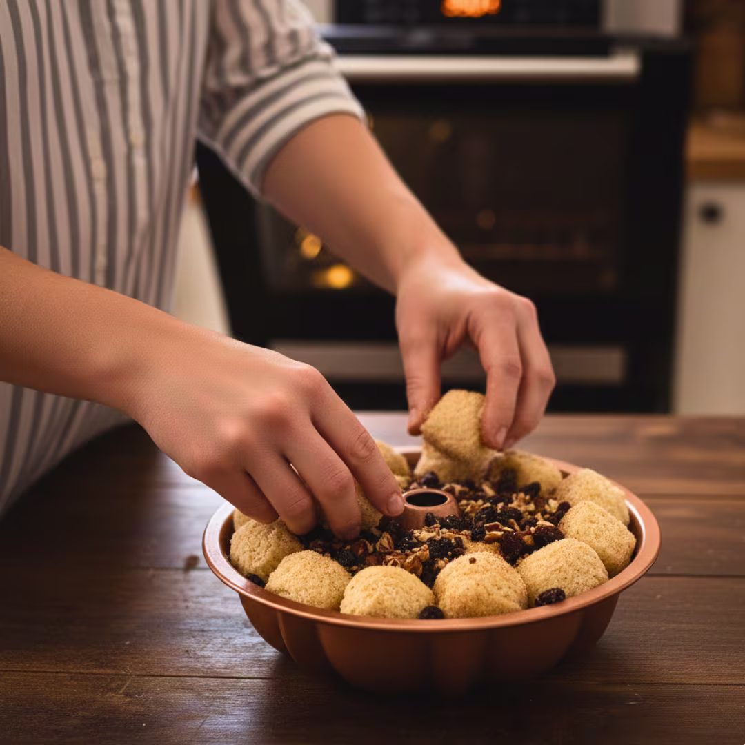 Layering monkey bread dough in bundt pan