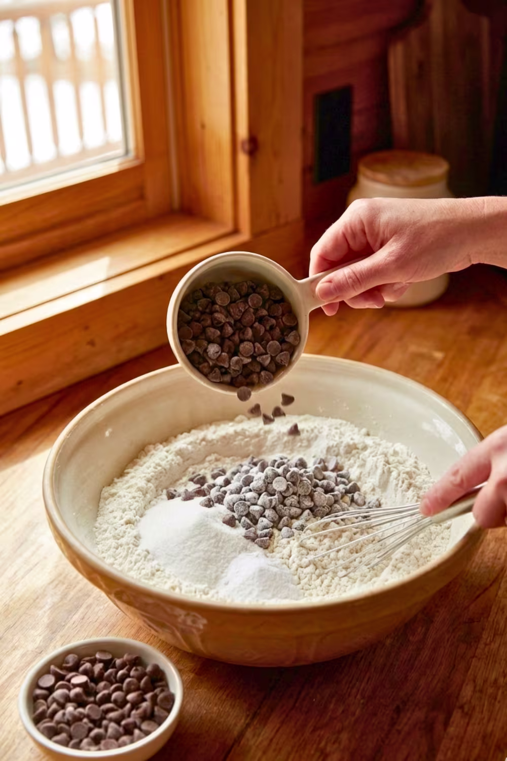 Mixing dry ingredients for chocolate chip muffins