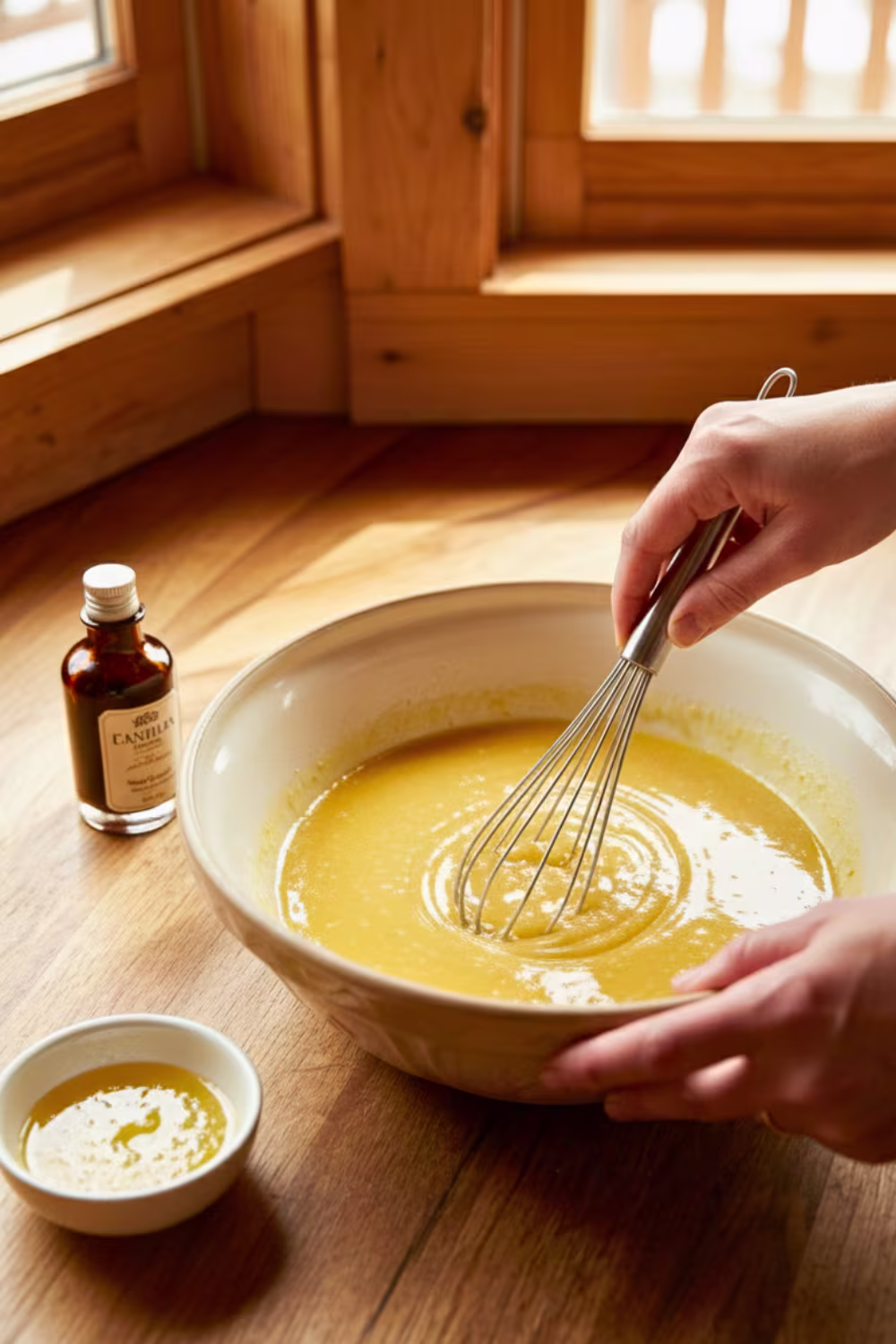 Whisking wet ingredients for muffin batter