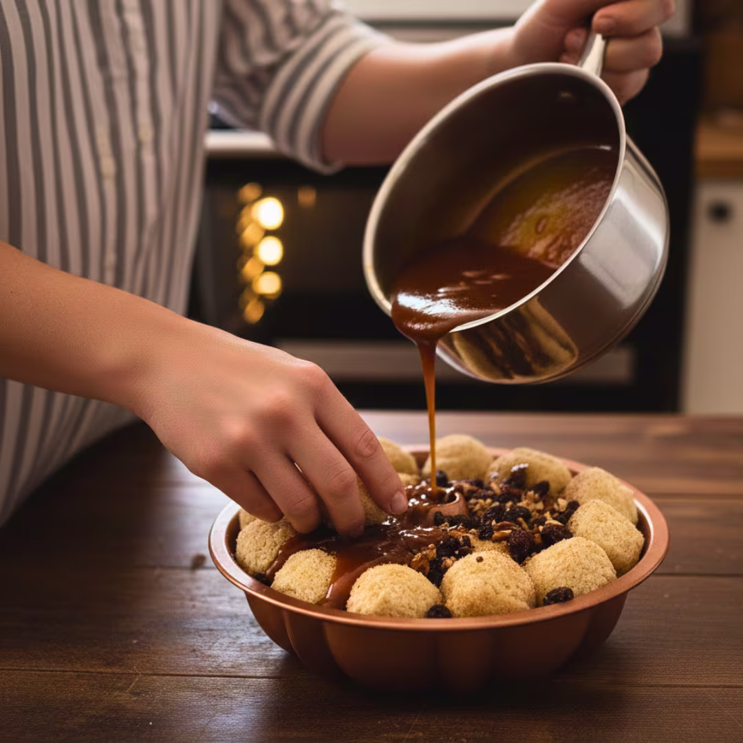 Pouring brown sugar sauce over monkey bread dough