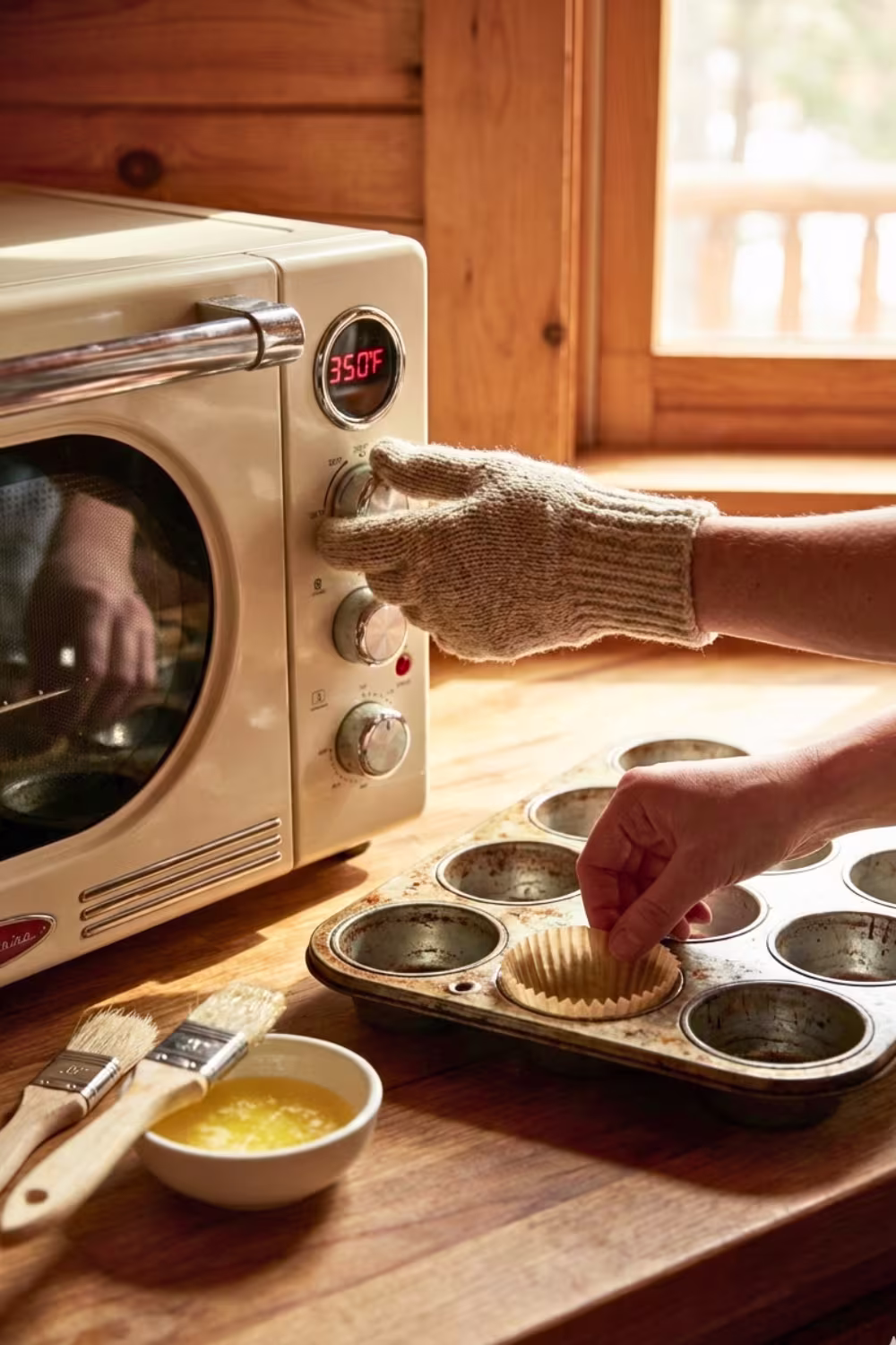 Preheating oven and preparing muffin tray