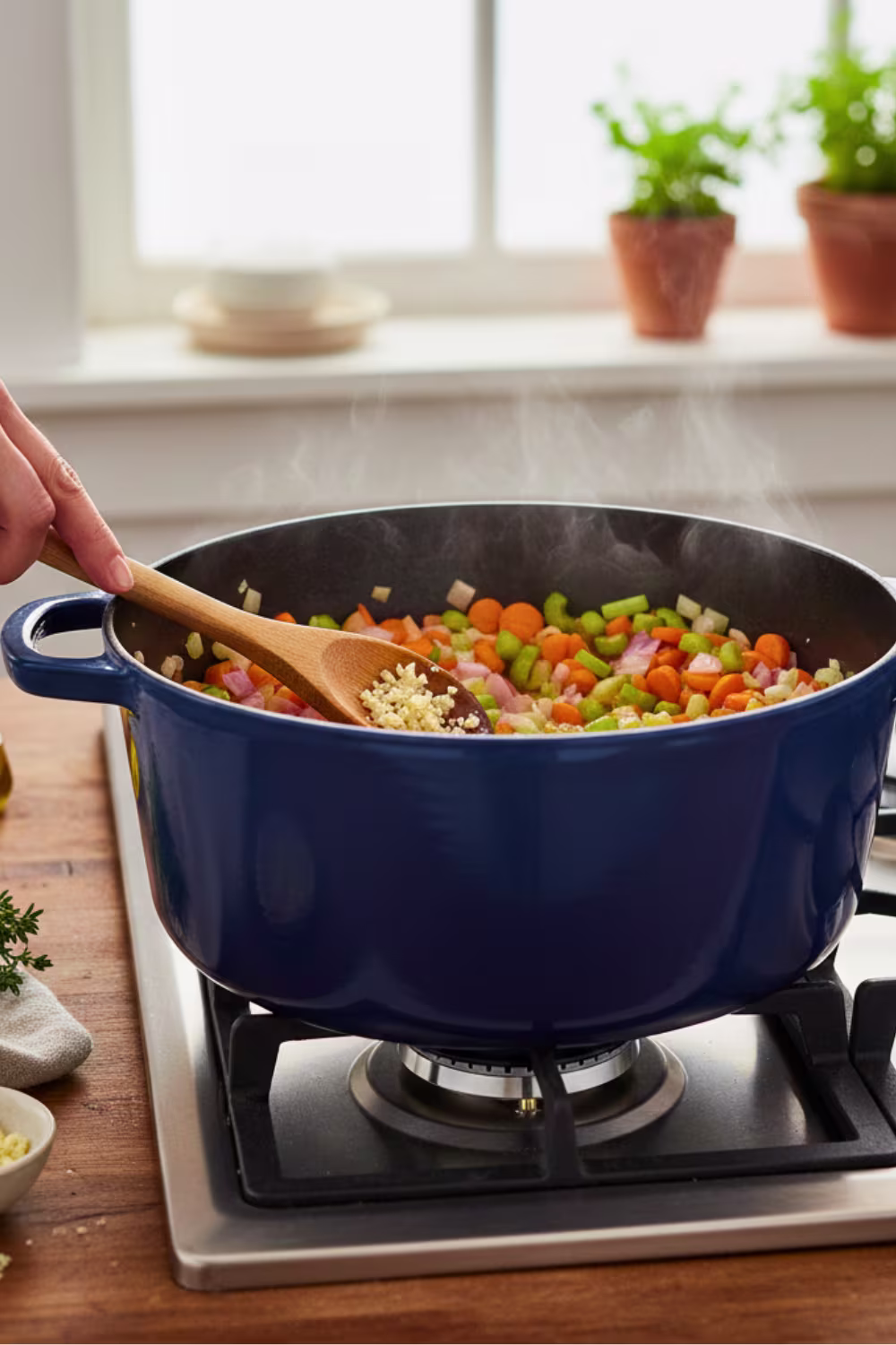 Sautéing onion carrot and celery for ham and bean soup