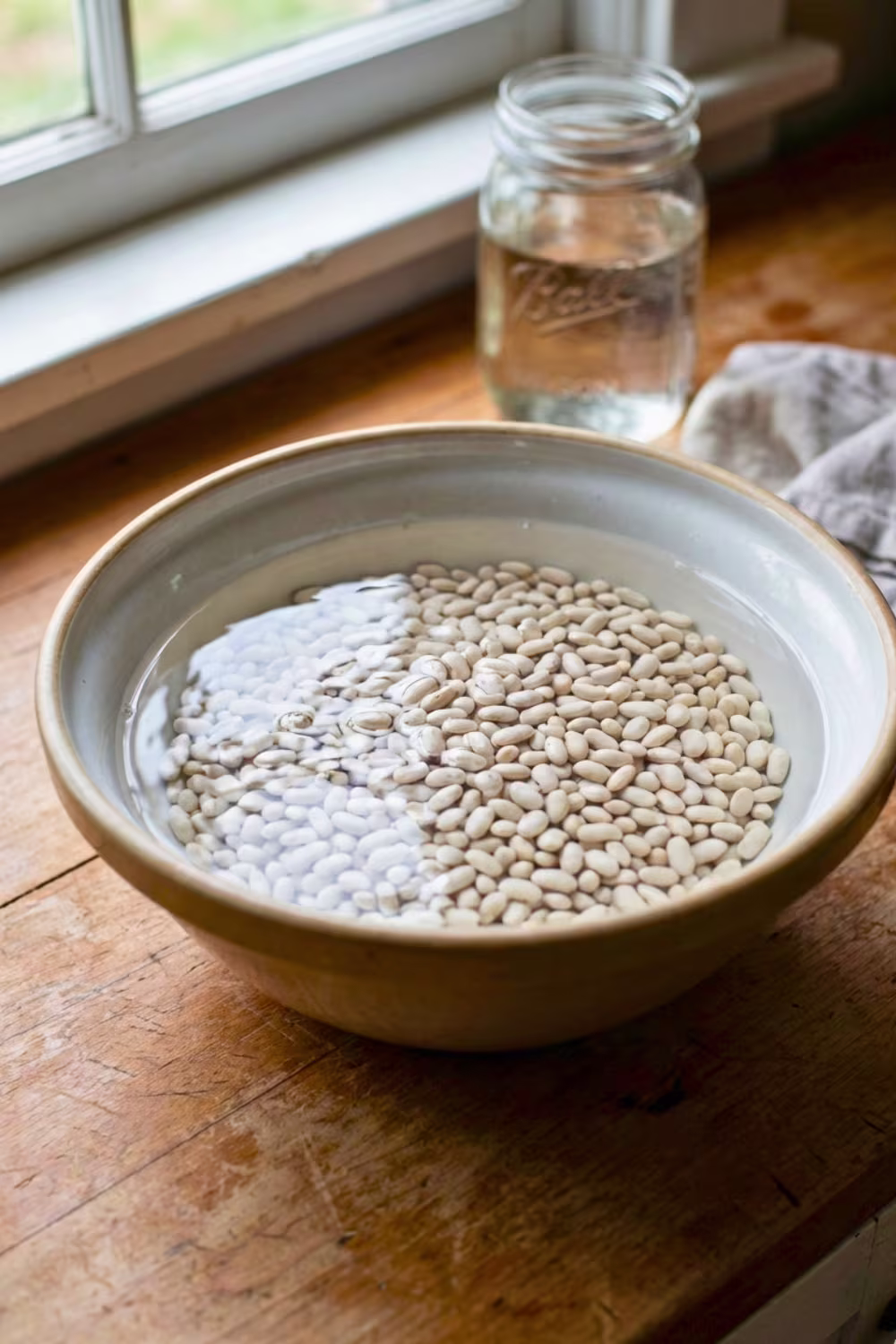 Soaking dried white beans for ham and bean soup