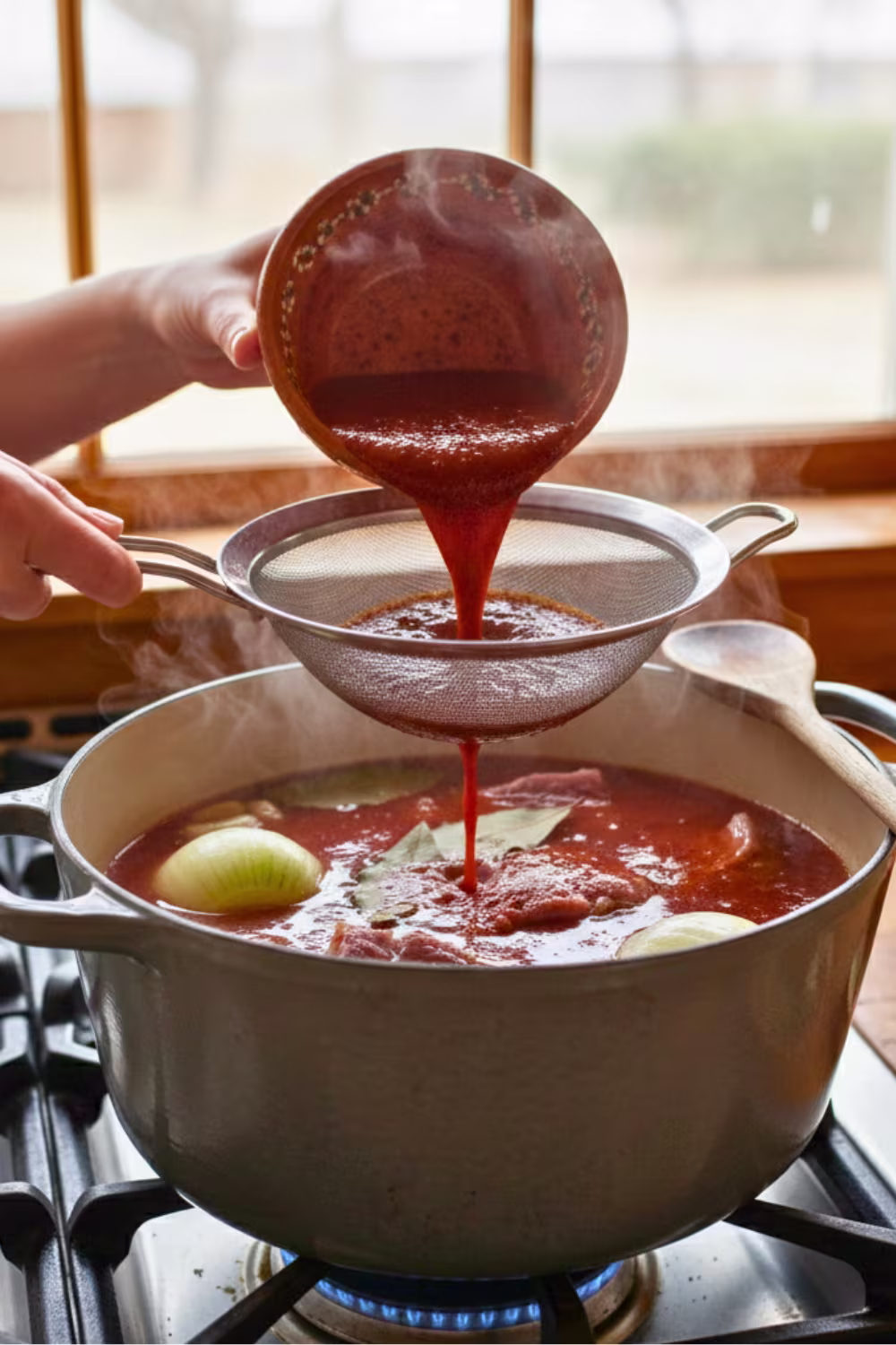 Straining chile sauce into pozole broth