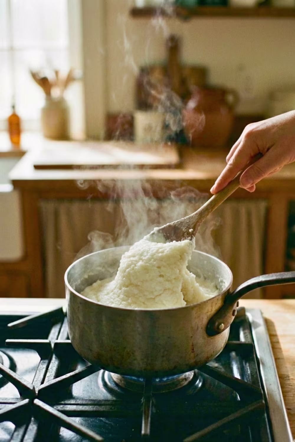 Stirring thick ugali in a pan
