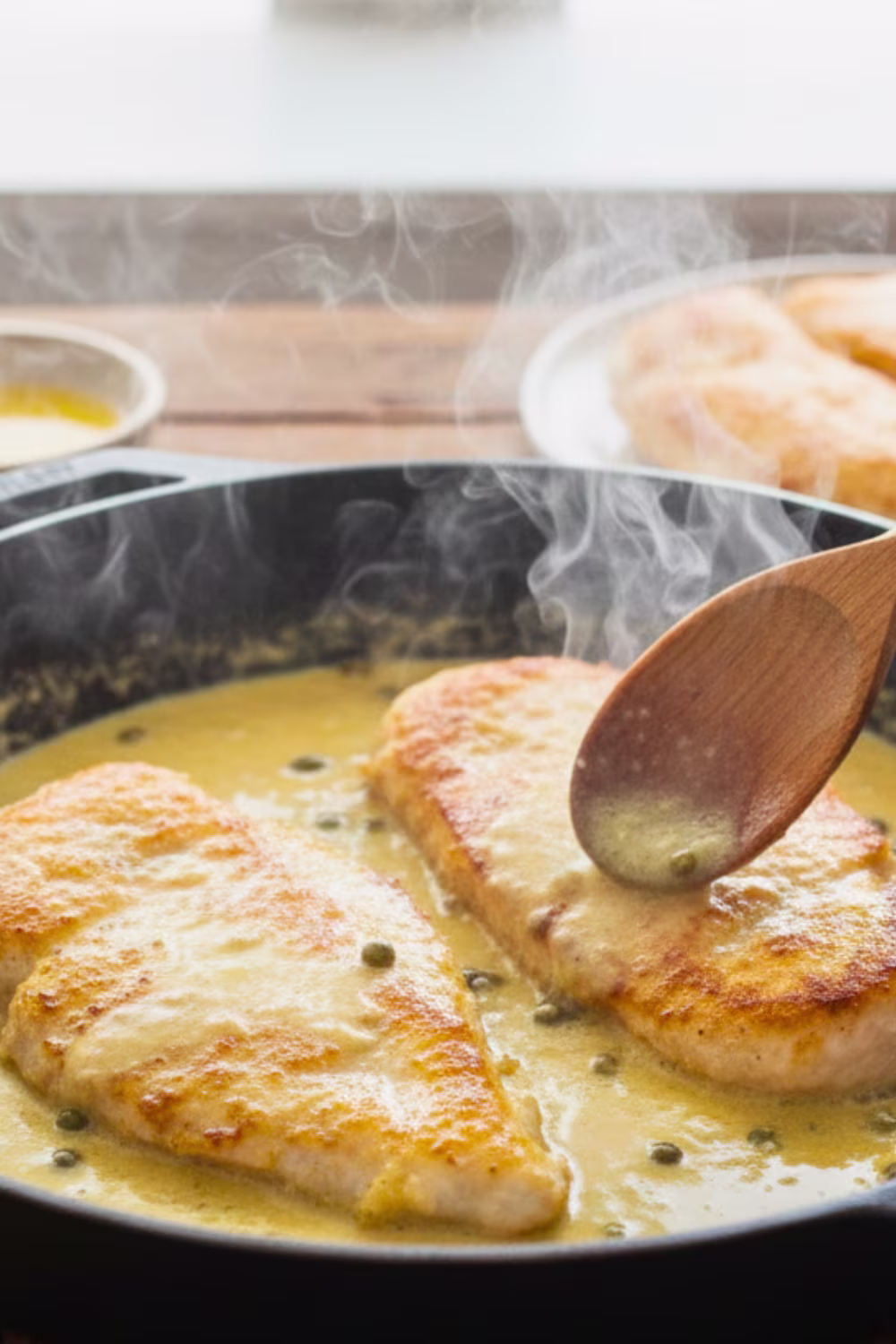 Chicken simmering in lemon caper sauce