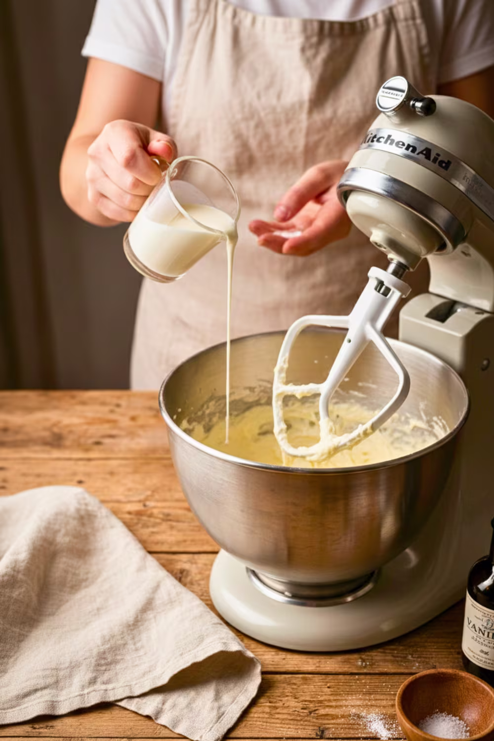 Adding cream and vanilla extract to buttercream frosting