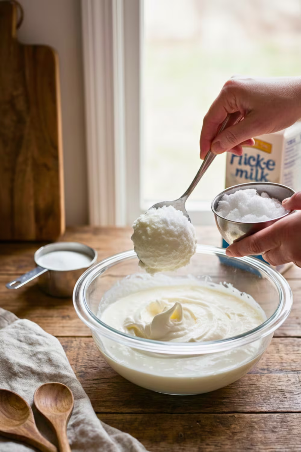 Adding snow gradually to make homemade snow ice cream