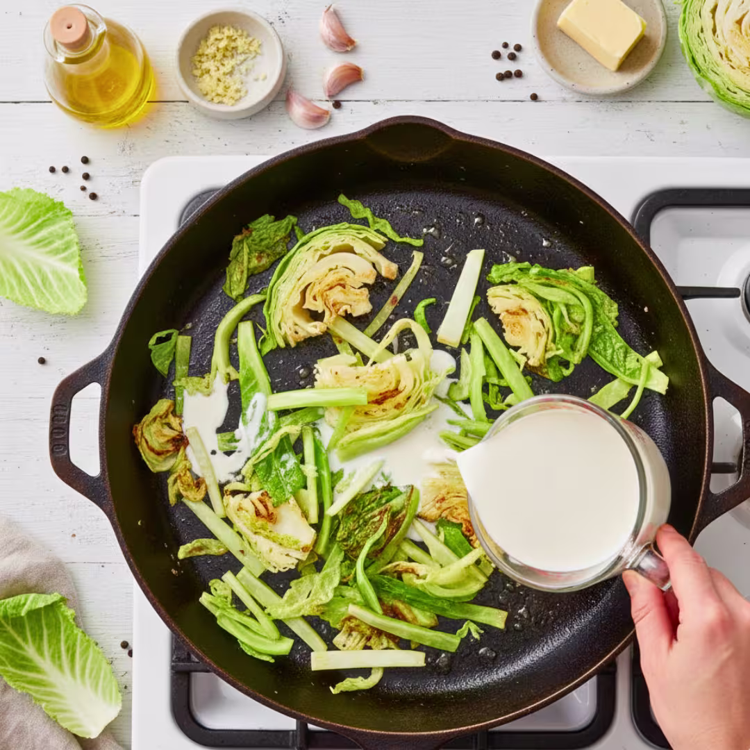 Creamy garlic alfredo sauce added to cabbage