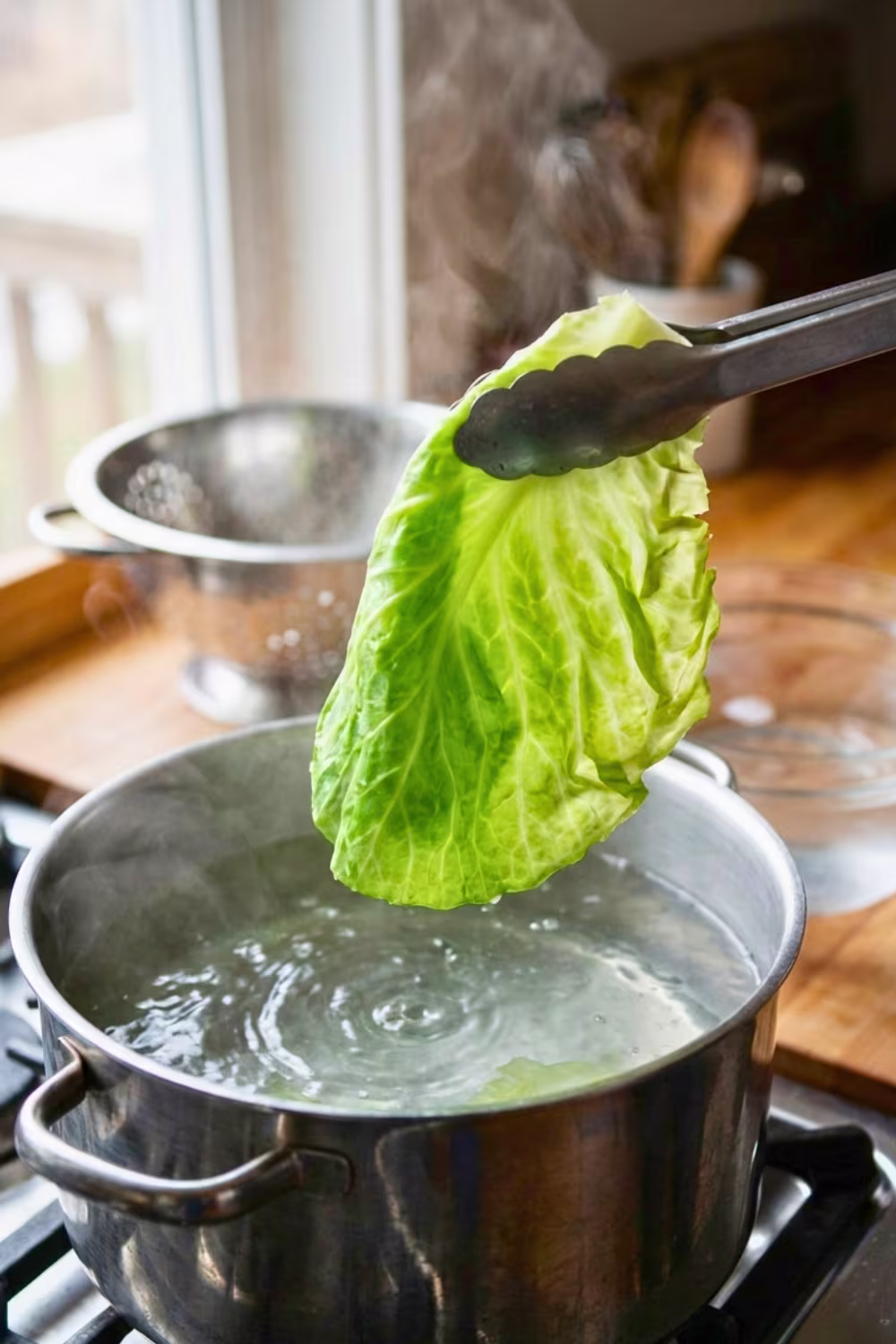 Blanching cabbage leaves for Japanese cabbage rolls