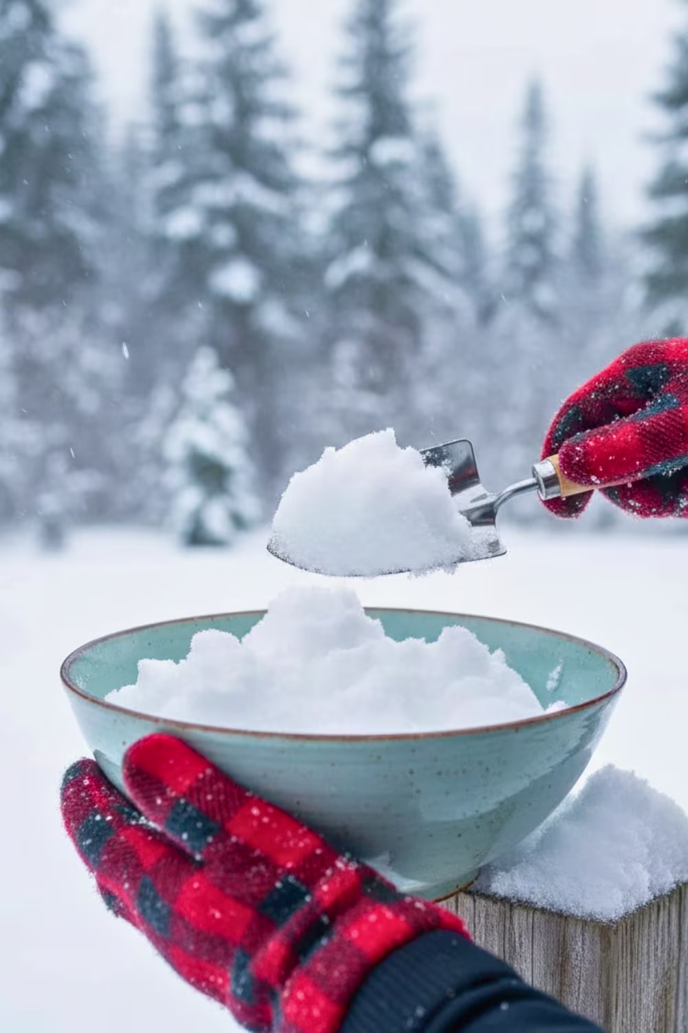 Collecting fresh clean snow for homemade snow cream