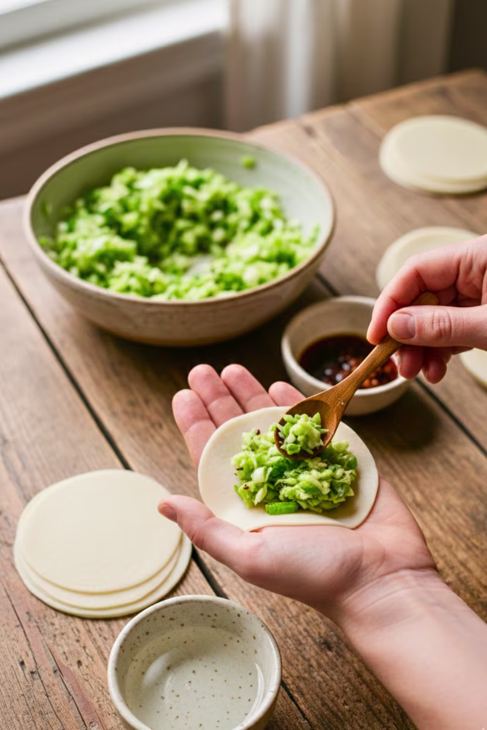 Cabbage filling on dumpling wrapper