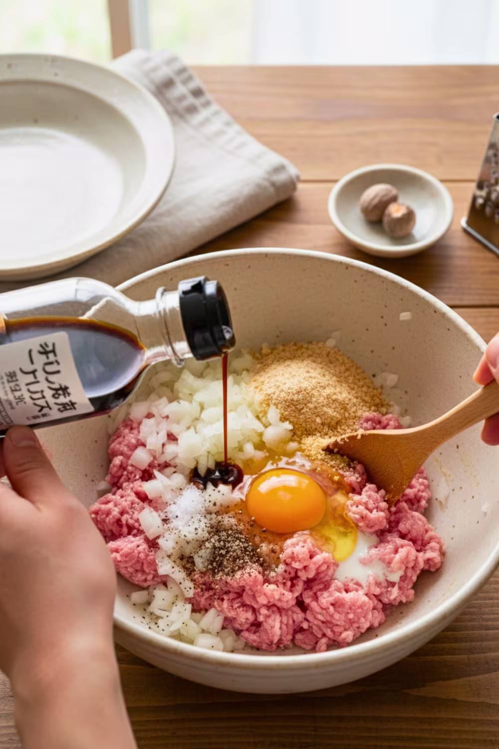 Mixing pork filling for Japanese cabbage rolls