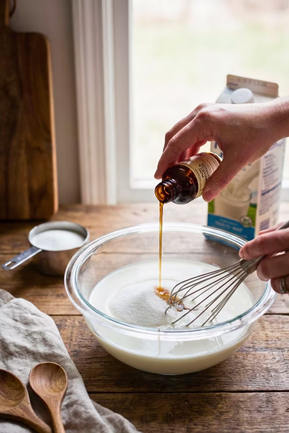 Mixing milk sugar and vanilla for snow cream without condensed milk