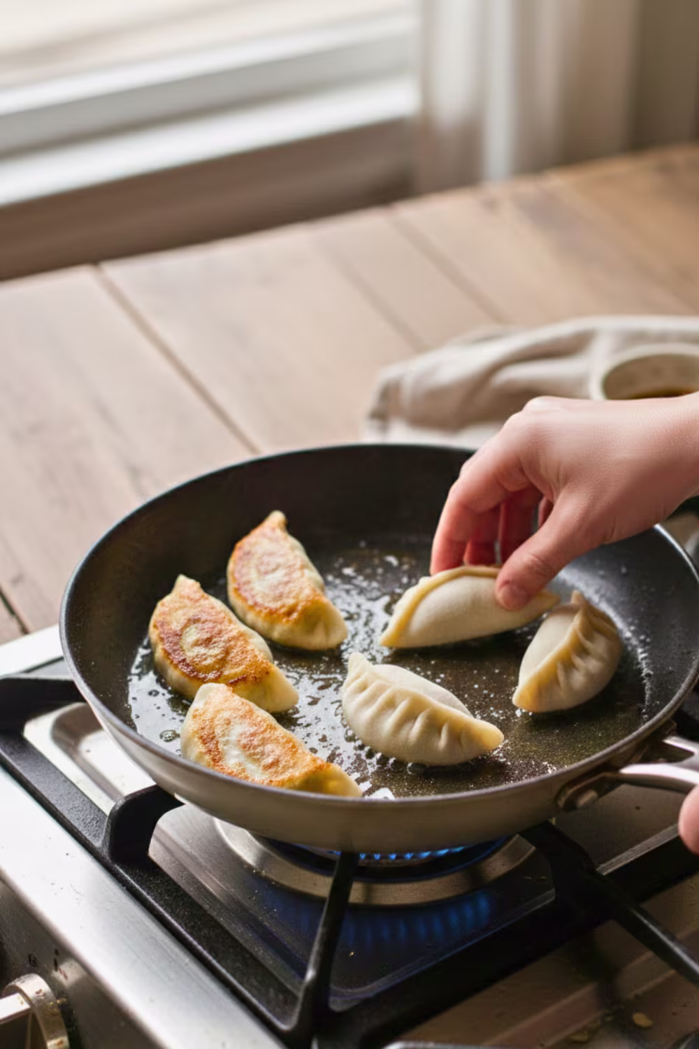 Pan frying cabbage dumplings until crispy