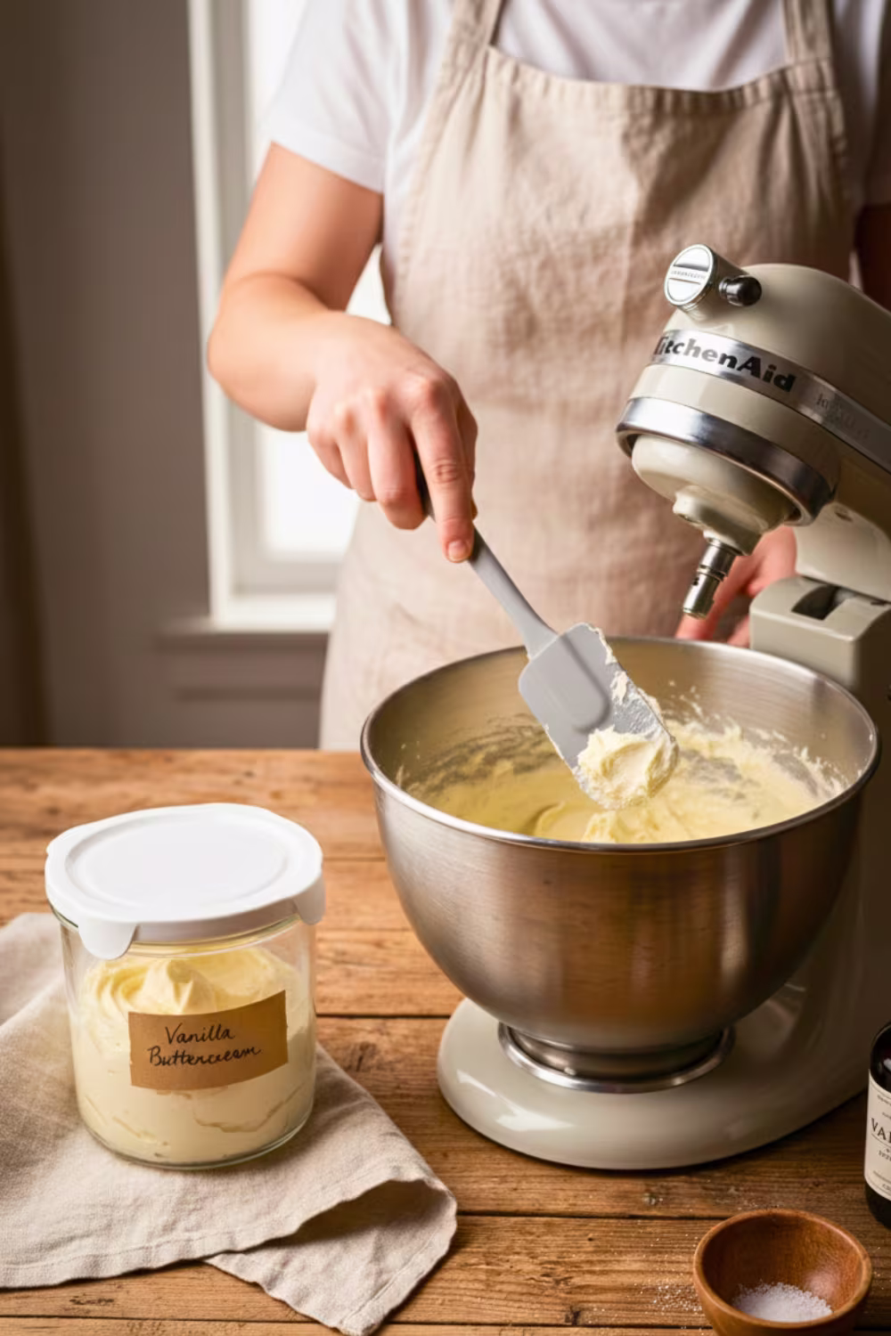 Piping buttercream frosting onto cupcakes