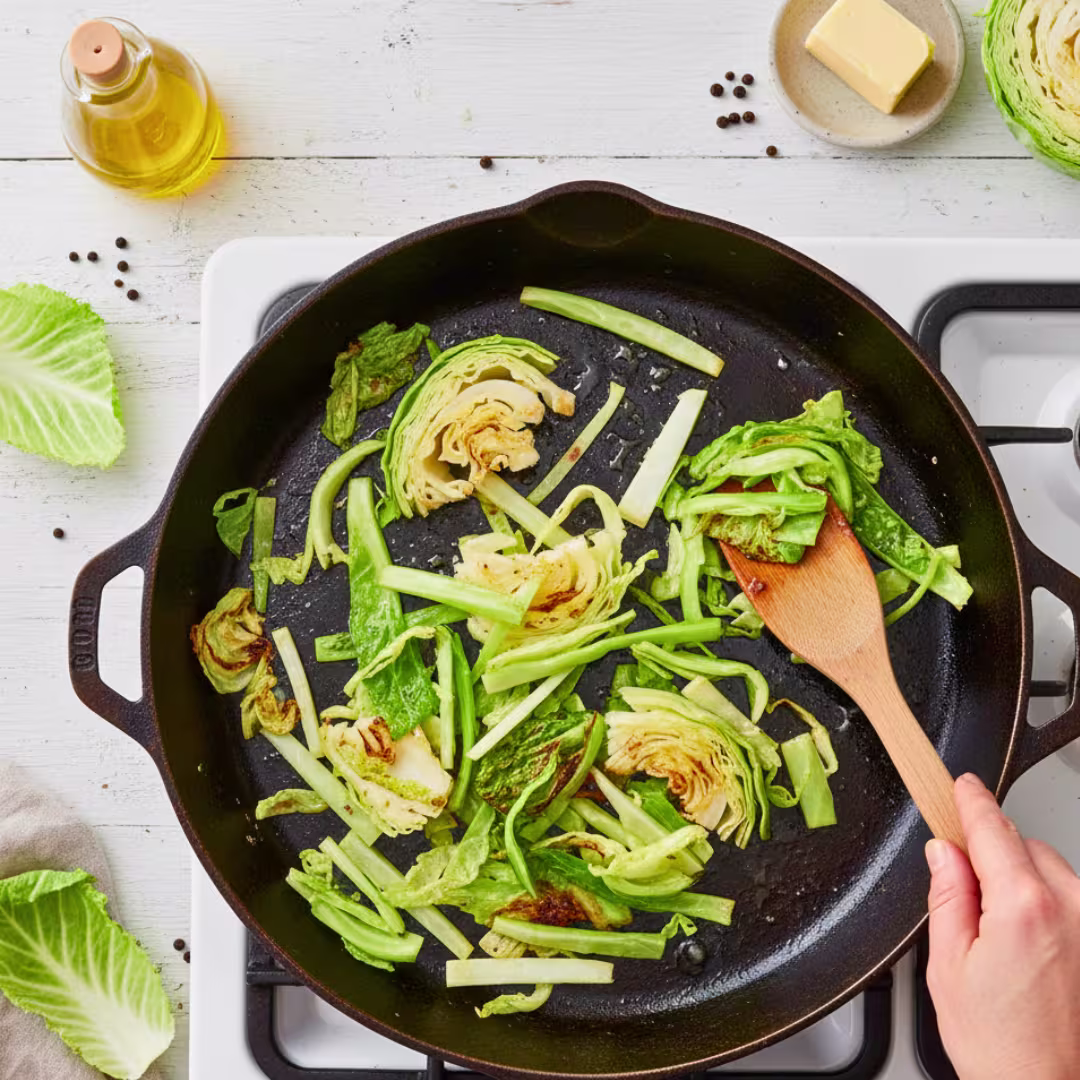 Sautéing cabbage in skillet for low carb alfredo