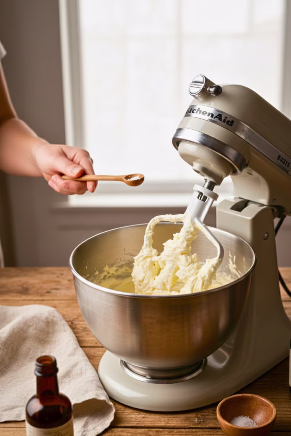 Fluffy vanilla buttercream frosting ready for piping