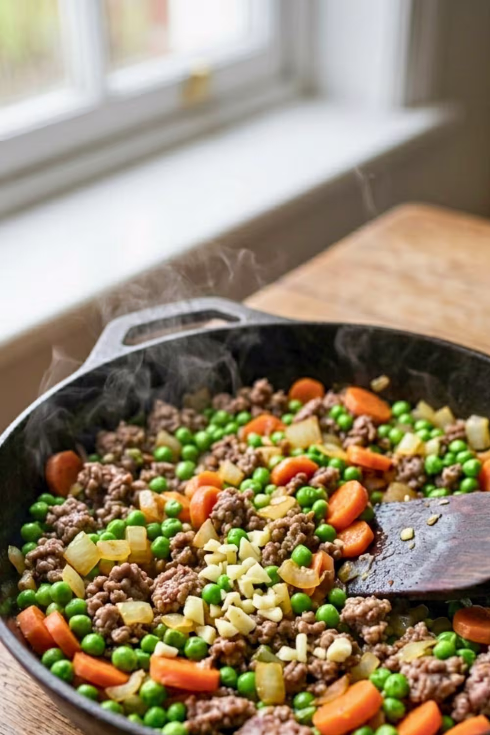 Adding vegetables to shepherds pie filling