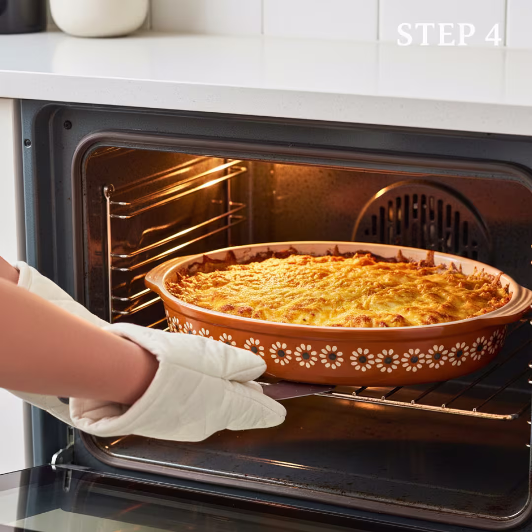 Baking Pastel Azteca Mexican chicken tortilla casserole in oven