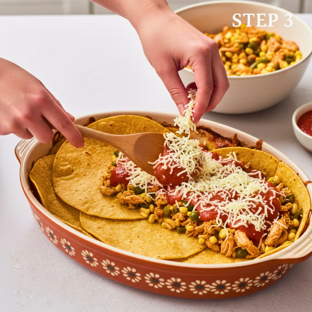 Layering tortillas chicken and cheese for Mexican tortilla casserole