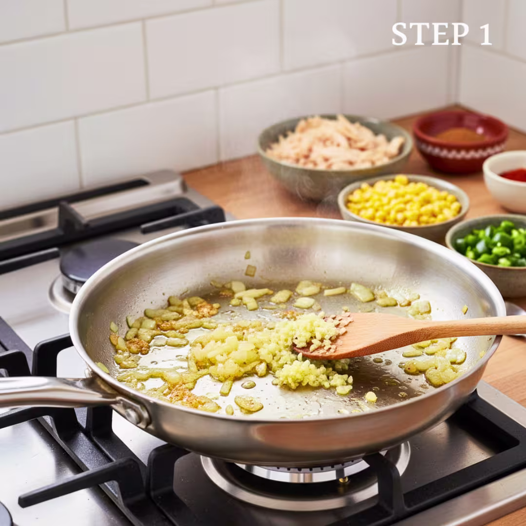 Saute onion and garlic for Mexican chicken casserole filling