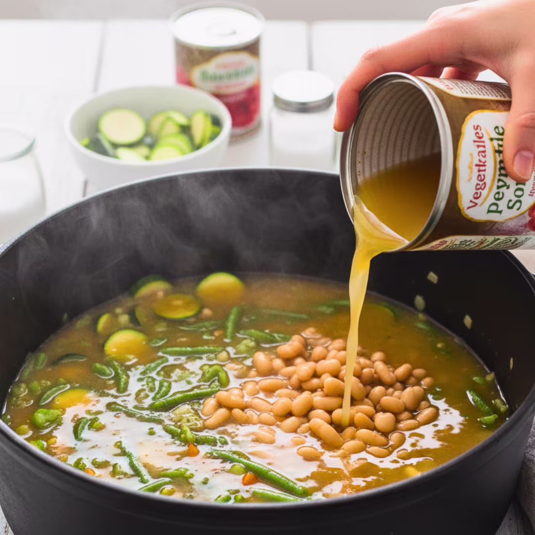 Adding vegetable broth tomatoes and beans to minestrone soup