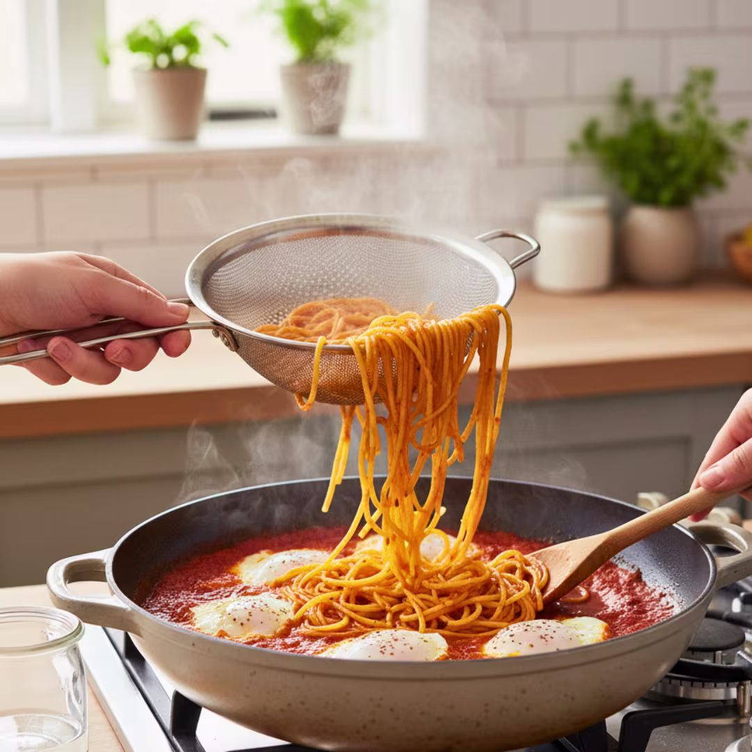 Adding pasta to tomato sauce with eggs