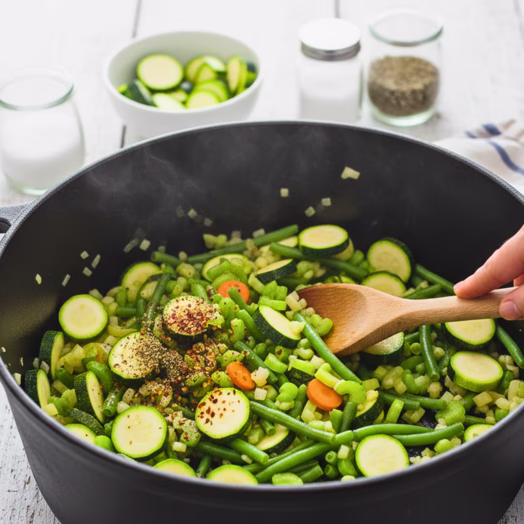 Adding zucchini green beans vegetables to soup pot
