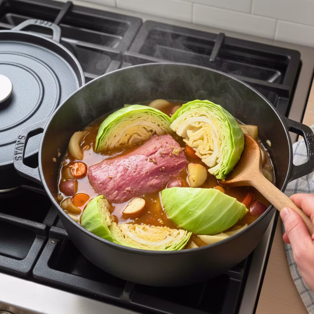 adding cabbage wedges to corned beef pot