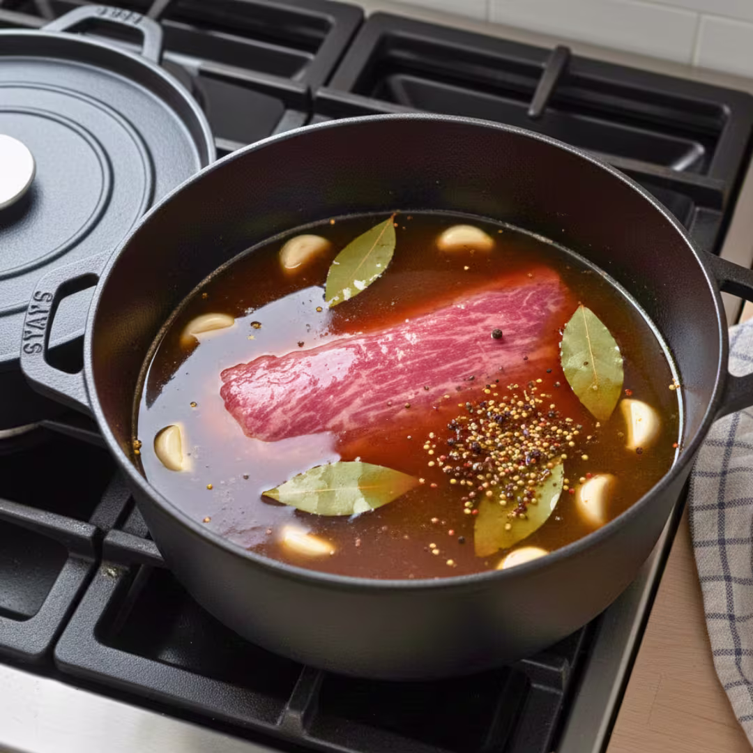 corned beef simmering with spices and broth