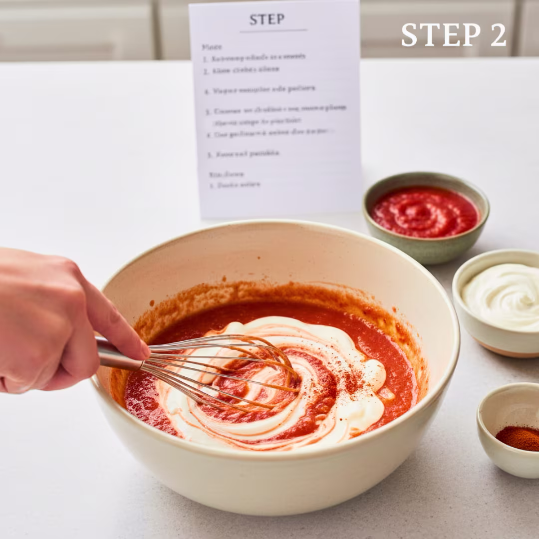 Preparing creamy salsa sauce for Pastel Azteca casserole