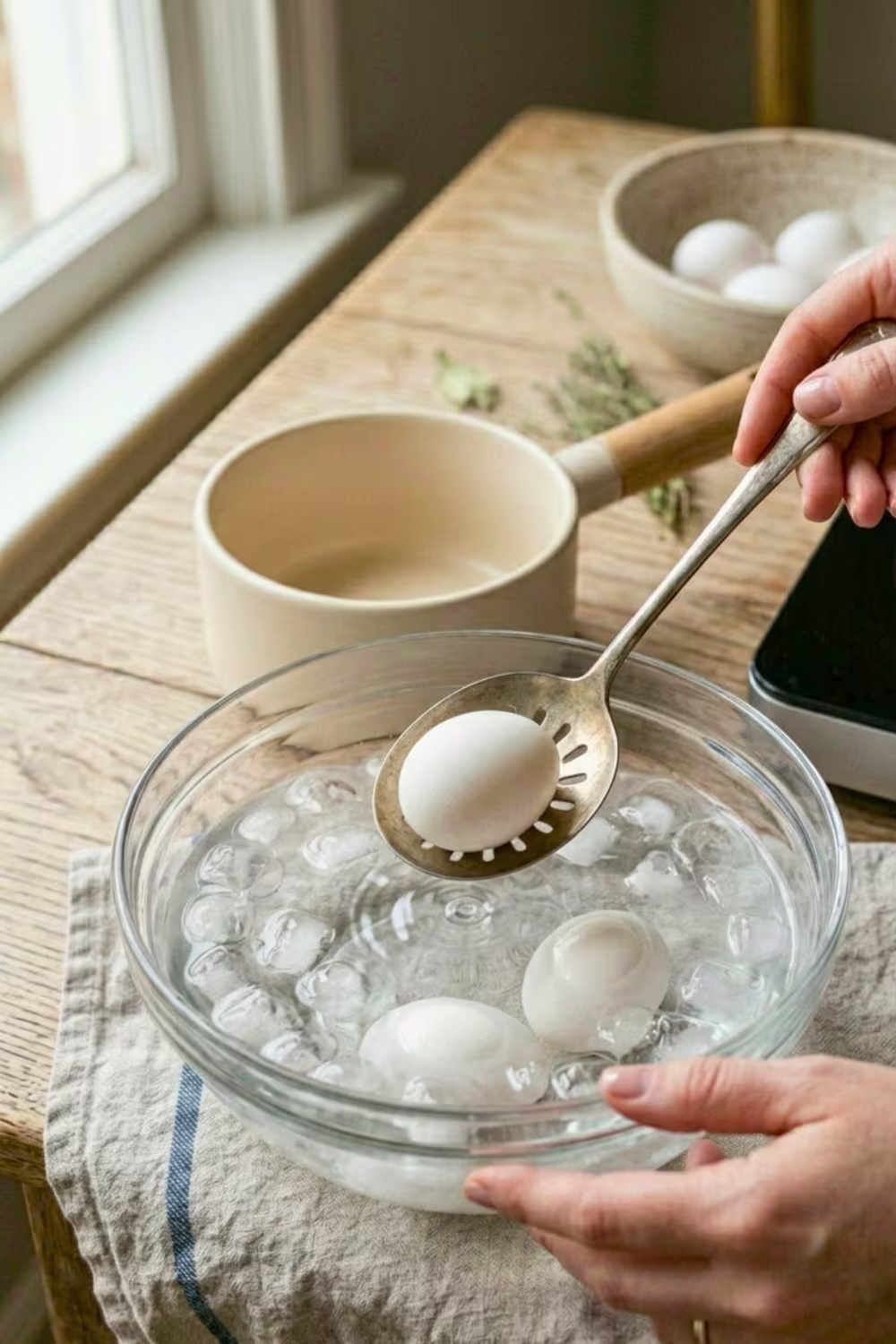 placing boiled eggs in ice bath for easy peeling